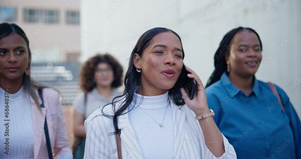 Wall mural Women, phone call and business people in city walking for travel, commute and journey to office. Corporate, team and workers with smartphone for networking, discussion and conversation in urban town