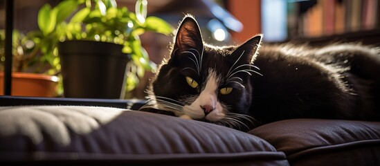 Black and white cat named Roxy relaxing on a couch with laptop book papers and coffee mug in the...