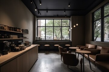 Contemporary coffee shop with open space and modern design. Generative AI