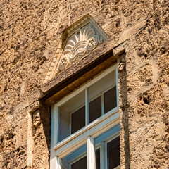 Details of a decorated window frame at Obernberg am Inn, Ried im Innkreis, Innviertel,Upper...