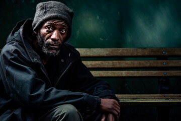 Unhappy homeless black man sitting on a bench in an autumn park - obrazy, fototapety, plakaty