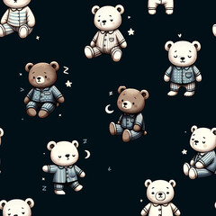 Seamless pattern with Sleepy bears in pyjamas. Isolated on black background. Cartoon characters for kids and babies, design for bedroom, playroom. 