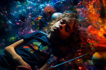 The problem of childhood drug addiction. A little boy sleeps against a background of colorful preparations