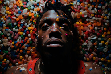 The problem of childhood drug addiction. A young dark-skinned guy lies on a background of multi-colored preparations - obrazy, fototapety, plakaty