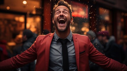 Fototapeta premium An exuberant man celebrates enthusiastically outdoors, his arms wide open and face alight with joy, a perfect capture of personal triumph or festive celebration, event promotions, success related ads