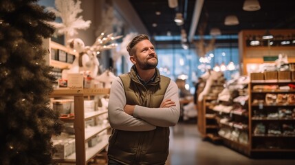 A contented store owner stands arms crossed in a holiday-decorated shop, an image that evokes the warmth of small business shopping during the festive season, ideal for local business marketing.