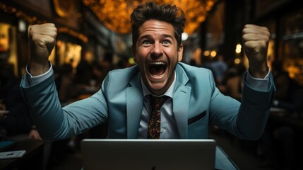 A man in a café throws his fists in the air in a victorious gesture, his face expressing sheer triumph, used to illustrate success, achievement, or positive outcomes in business or personal milestones - obrazy, fototapety, plakaty