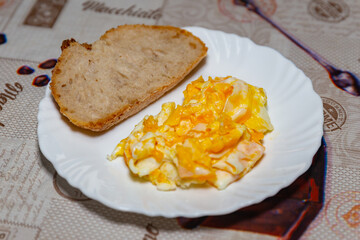 Healthy breakfast, eggs, naturally fermented bread, banana and unsweetened coffee