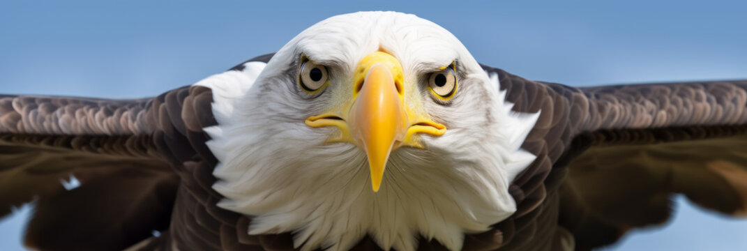 A bald eagle spreads its wings and flies. The largest bird living in North America. Hawk wildlife. It is the national bird of the United States and is depicted on the national emblem. Banner panorama.