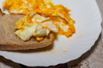 Healthy breakfast, eggs, naturally fermented bread, banana and unsweetened coffee