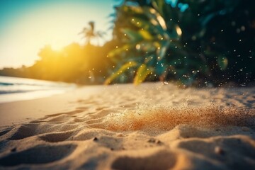 Sandy beach, tropical vibes, sunlight with bokeh effect. Generative AI