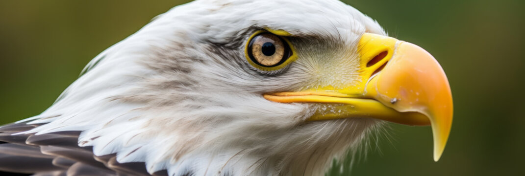 A bald eagle spreads its wings and flies. The largest bird living in North America. Hawk wildlife. It is the national bird of the United States and is depicted on the national emblem. Banner panorama.