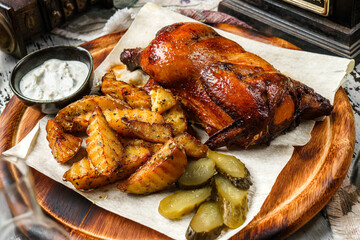Grilled bbq whole chicken with potatoes and pickles on wooden background with glasses of vodka. Holiday food, top view