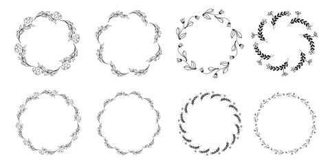 Set of round flower frames. Rustic. Hand drawn. For design. Vector