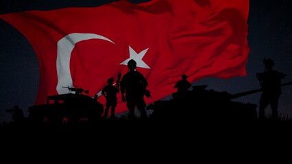 Silhouette of a Group of Soldiers and the Turkish Flag Waving in the Background. The video of this...