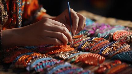 Close-up photo of hands crafting traditional cultural artifacts, like intricate beadwork or textile art. Concept of Cultural Heritage, Handmade Tradition, and Artistic Craftsmanship.
