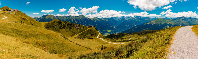 High resolution stitched alpine summer panorama at Schlossalmbahn cable car, Mount Kleine Scharte,...