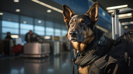 Police search drug-sniffing dog at the airport checking bags. Concept of Security Vigilance, Canine Assistance, and Combating Illegal Activities.