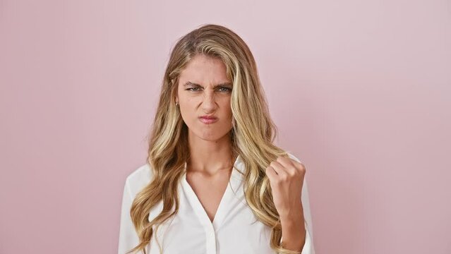 Nervously skeptical, young blonde woman frowning deeply. standing upset in shirt over pink isolated background due to nagging problem. negative person on edge.