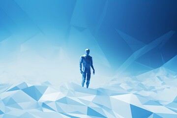 Obraz premium Minimalistic Low-Poly Man in Striking Digital Environment, Blue, Technology, Abstract, Geometric