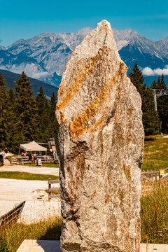 Alpine summer view with details of a rock at Serles cable car station, Mieders, Stubaital valley, Innsbruck, Austria