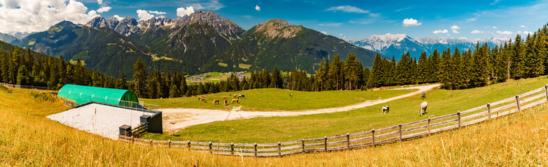 High resolution stitched alpine summer panorama at Serles cable car station, Mieders, Stubaital...