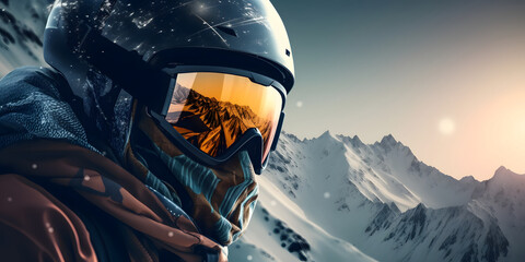 Reflexion of mountains landscape in the ski mask screen of a surfer. Mountain background during the...