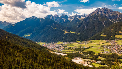 Fototapeta na wymiar Alpine summer view at Serles cable car station, Mieders, Stubaital valley, Innsbruck, Austria