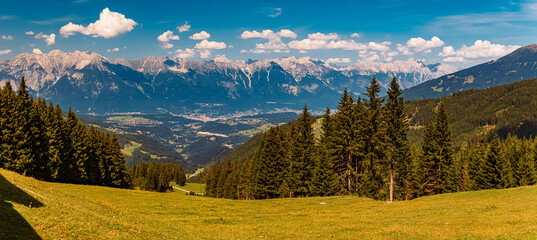 High resolution stitched alpine summer panorama at Serles cable car station, Mieders, Stubaital...