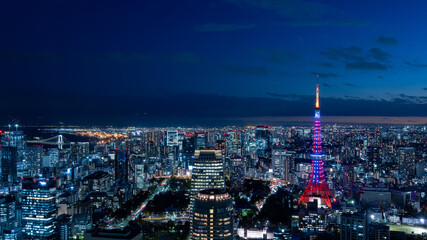 Fototapeta na wymiar Panoramic view of Tokyo tower with Diamond Veil light up and Tokyo cityscape at magic hour.