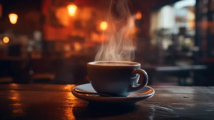 Crédence de cuisine en verre imprimé Café A cup of cappuccino coffee brewed with smoke hot water.