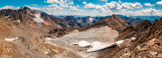 High resolution stitched alpine summer panorama at the famous Stubai Glacier, Top of Tyrol,...