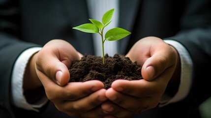Businessman holding seedling with both hands, Green Finance and Sustainable Futures, green investments, sustainable finance