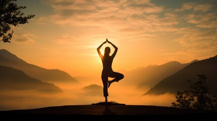 A woman silhouette doing Hatha tree pose in yoga movement, outside a calm foggy hill at morning sunrise. - obrazy, fototapety, plakaty