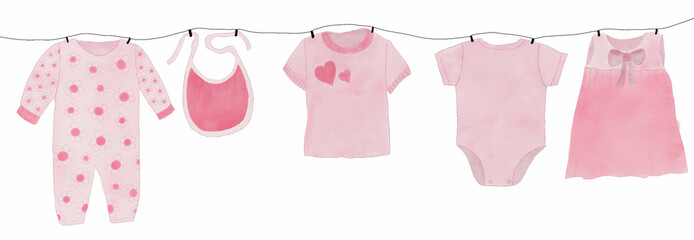 Pink Baby Clothes Watercolor illustration - obrazy, fototapety, plakaty