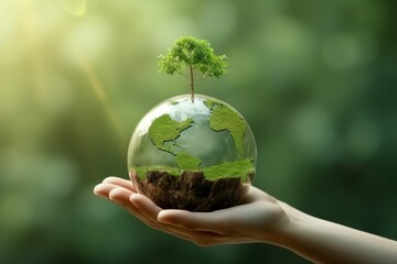 Hand of human holding green earth with tree for ESG, co2, and net zero.Concept of World sustainable environment, Save our Planet, World Environment Day, World Earth Day. generative ai.