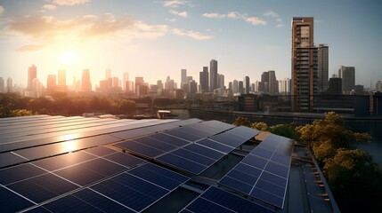 Urban Skyline Embraces Solar Power, sustainability, renewable energy, solar panels, urban skyline