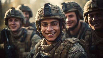 Portrait of soldiers looking at camera, faces of smiling men in modern uniform. Happy group of military male in forest. Concept of war, Middle East, army, Israel, young people - obrazy, fototapety, plakaty