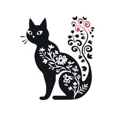 Simple folk style illustration of a floral cat silhouette on the white background. Vector image great for logo or t-shirt design 