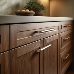 An close-up advertising image showing a wood grain cabinet door and drawer handle. Luxury home furnitures. Milling modern options fronts - obrazy, fototapety, plakaty