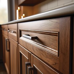An close-up advertising image showing a wood grain cabinet door and drawer handle. Luxury home furnitures. Milling modern options fronts