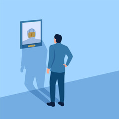 person standing in front of painting, metaphor of copyright. Simple flat conceptual illustration.