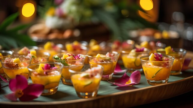 Beautiful tropical feast, guests enjoyed a variety of exquisite handcrafted dishes; from appetisers to desserts, each dish revealed succulent flavours of gourmet cuisine. Food concept. Feast concept.