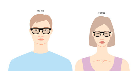 Flat Top frame glasses on women and men flat character fashion accessory illustration. Sunglass front view silhouette style, rim spectacles eyeglasses with lens sketch style outline isolated on white