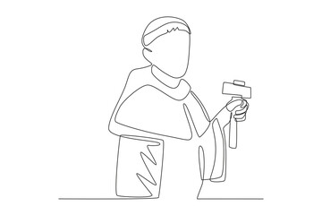 A pastor holds a gavel in the church. Reforma protestante one-line drawing