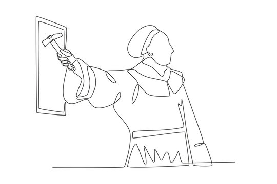 A priest holding a hammer. Reforma protestante one-line drawing