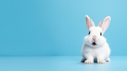 Obraz premium cute animal pet rabbit or bunny white color smiling and laughing isolated with copy space for easter background, rabbit, animal, pet, cute, fur, ear, mammal, background, celebration, generate by AI
