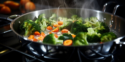 The Cooking Process of Boiling Broccoli and Carrots

