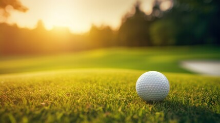 Golf ball on a tee, shallow depth of field with expanse of the course behind, green, ball, grass, sport, game, course, leisure, club, field, summer - obrazy, fototapety, plakaty