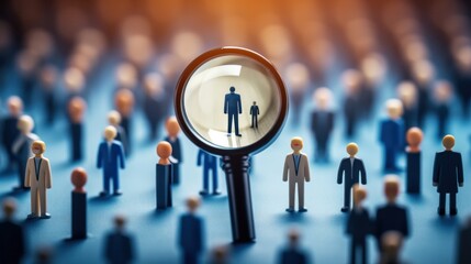 HRM or Human Resource Management, Magnifier glass focus to manager icon which is among staff icons for human development recruitment leadership and customer target. resume, interview. generate by AI - obrazy, fototapety, plakaty